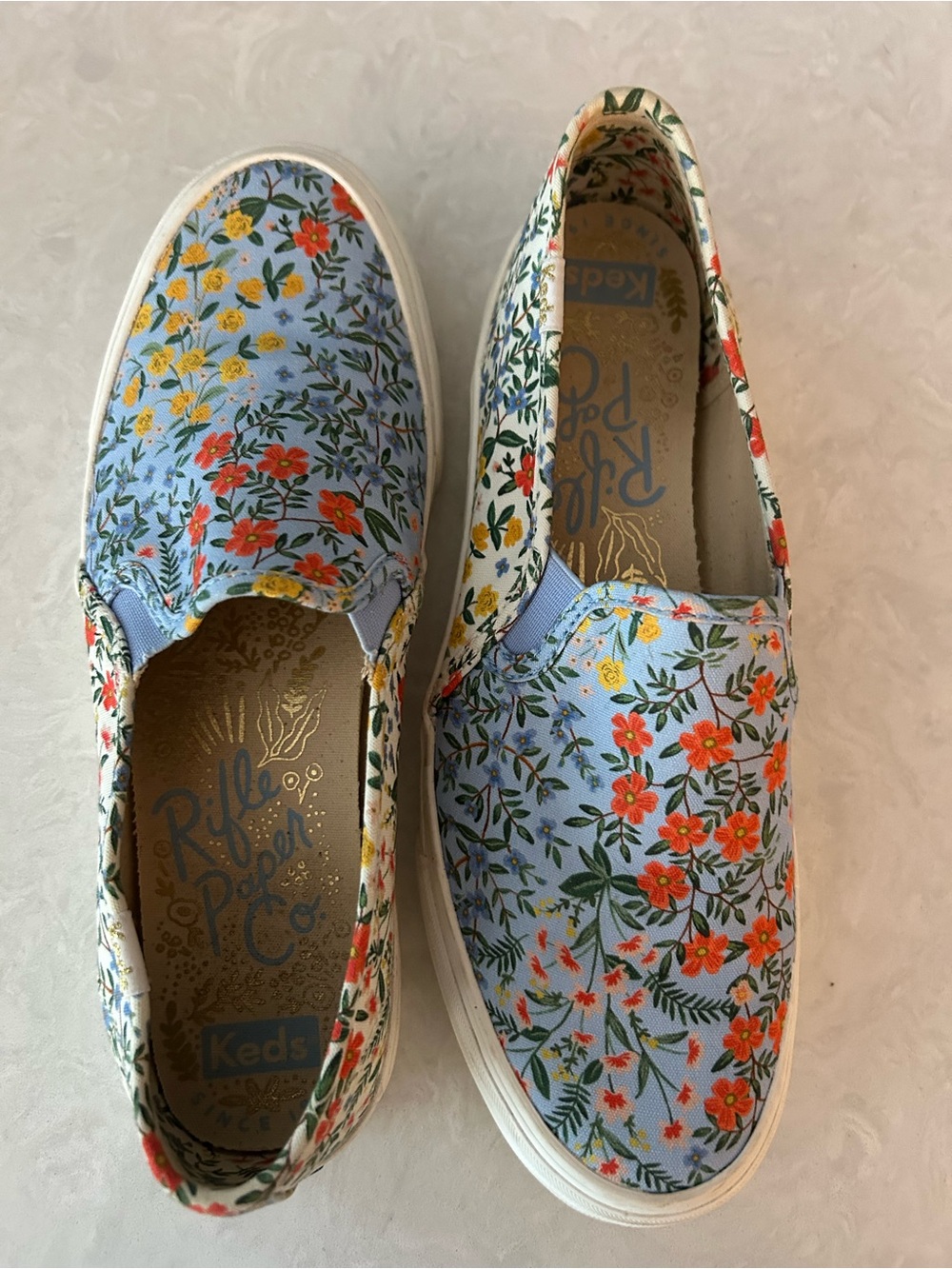 Keds + Rifle Paper Co. Blue White Floral Slip-On Sneaker Shoes